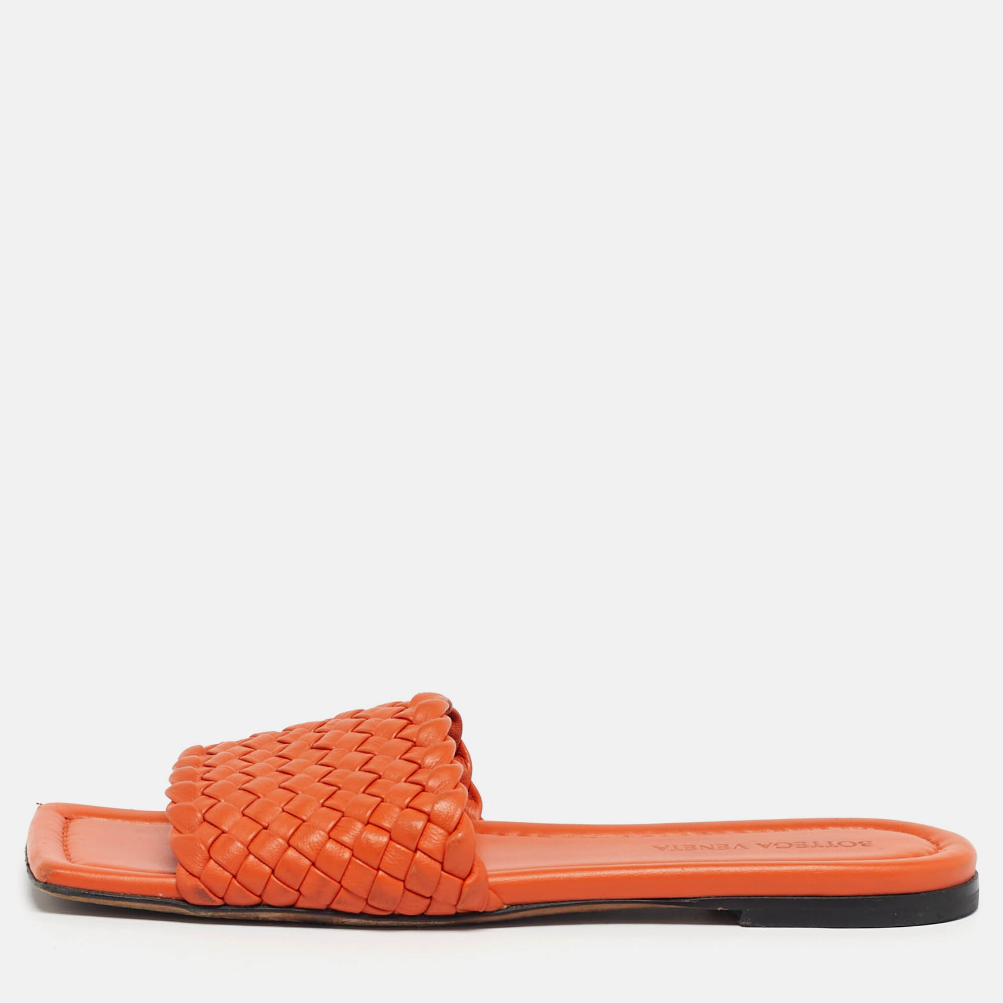 

Bottega Veneta Orange Intrecciato Leather Flat Sandals Size