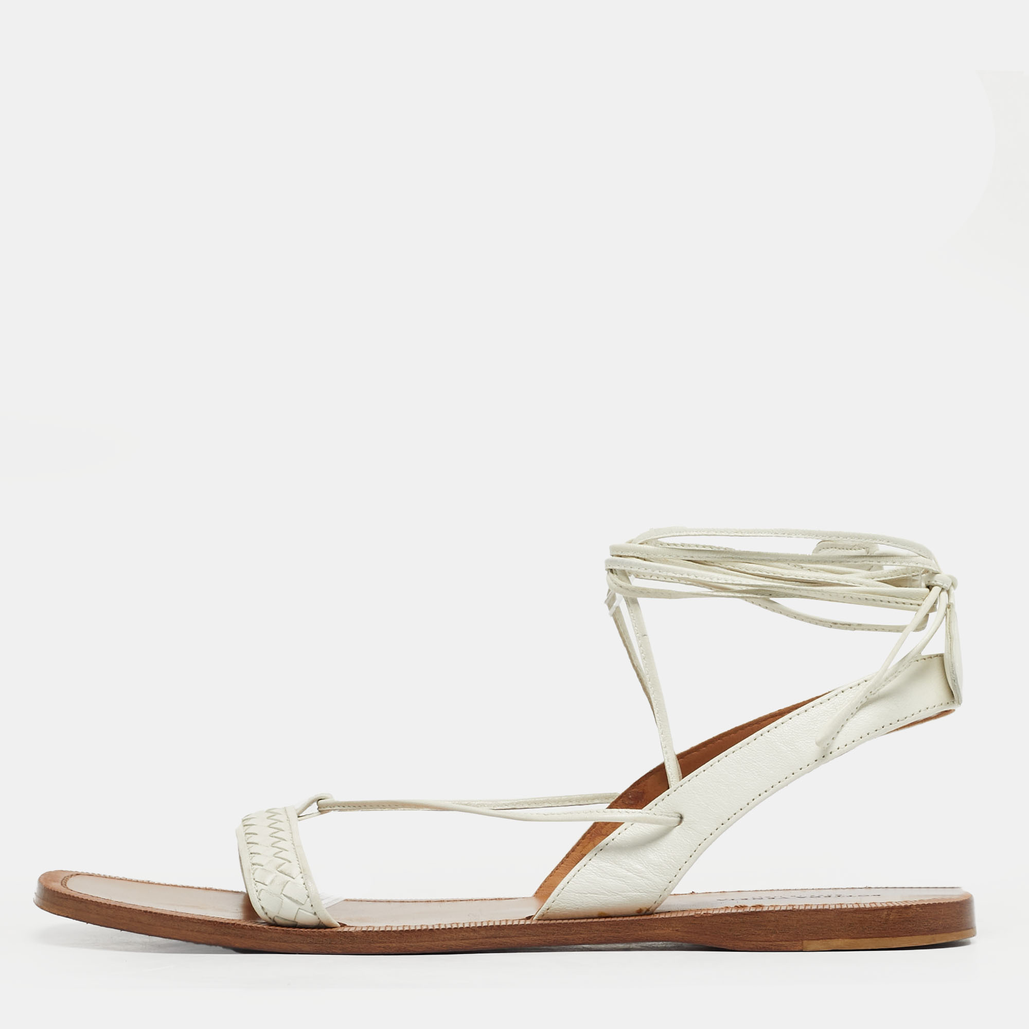 Pre-owned Bottega Veneta White Intrecciato Leather Ankle Wrap Flat Sandals Size 39