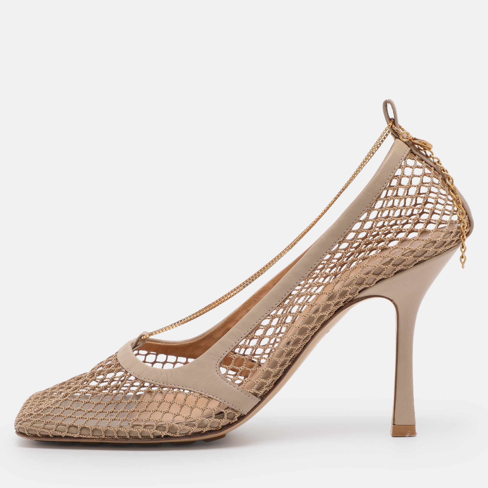 Pre-owned Bottega Veneta Beige Mesh And Leather Stretch Pumps Size 40.5 In Sand