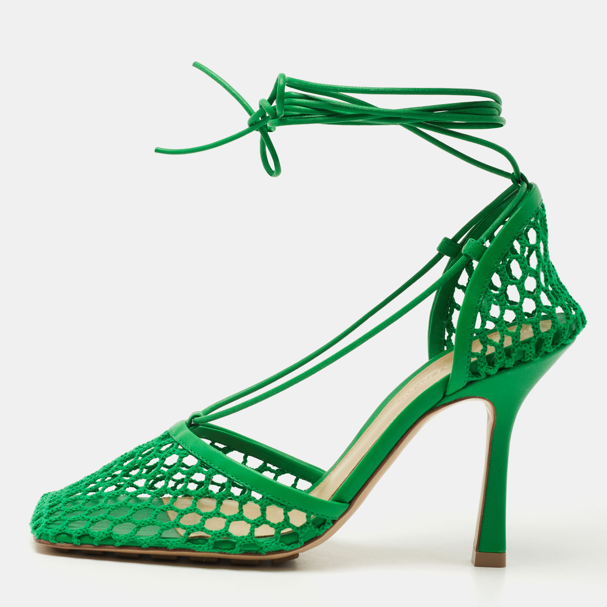 BOTTEGA VENETA Pre-owned Green Leather And Mesh Stretch Sandals Size 36.5