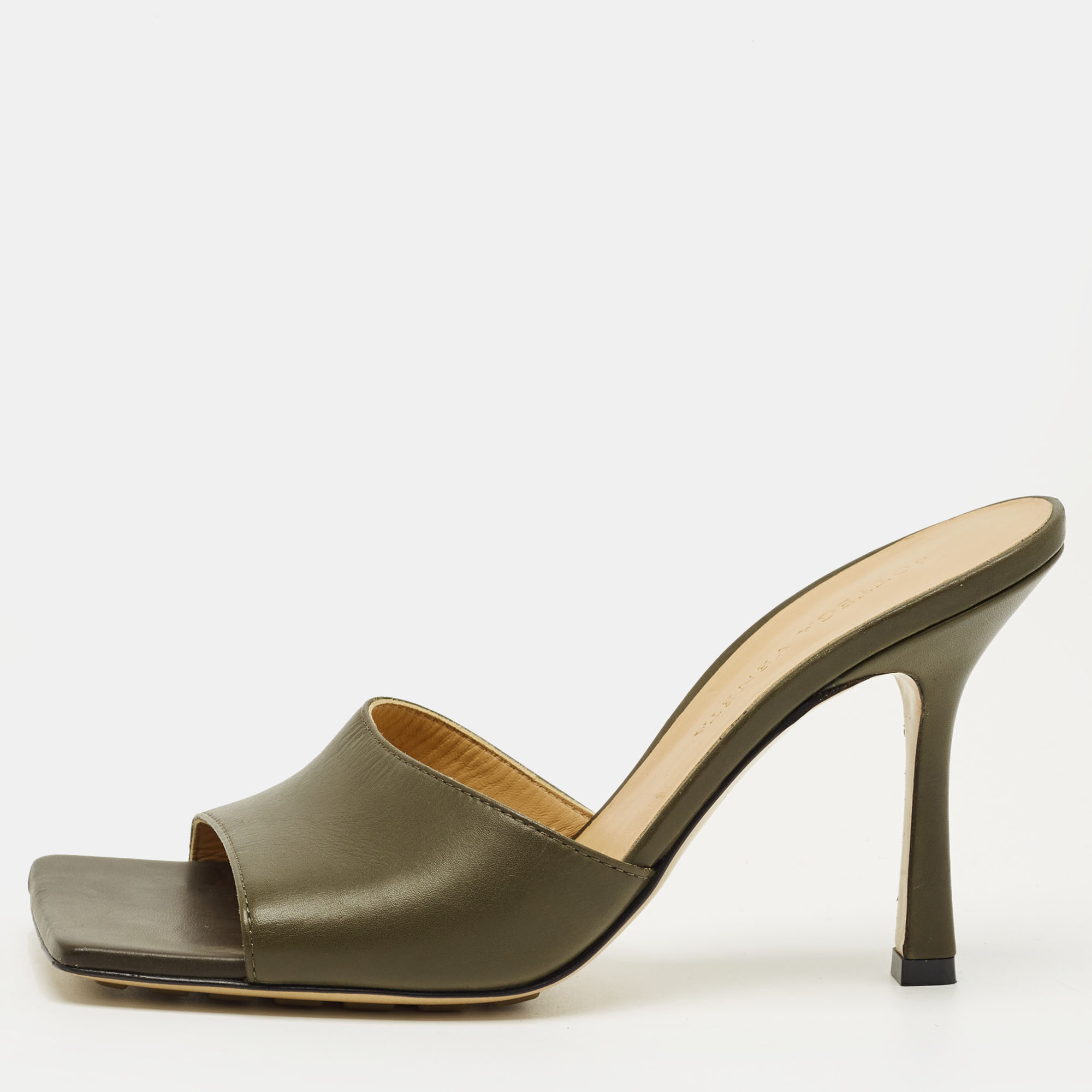 Pre-owned Bottega Veneta Olive Green Leather Lido Slide Sandals Size 36.5