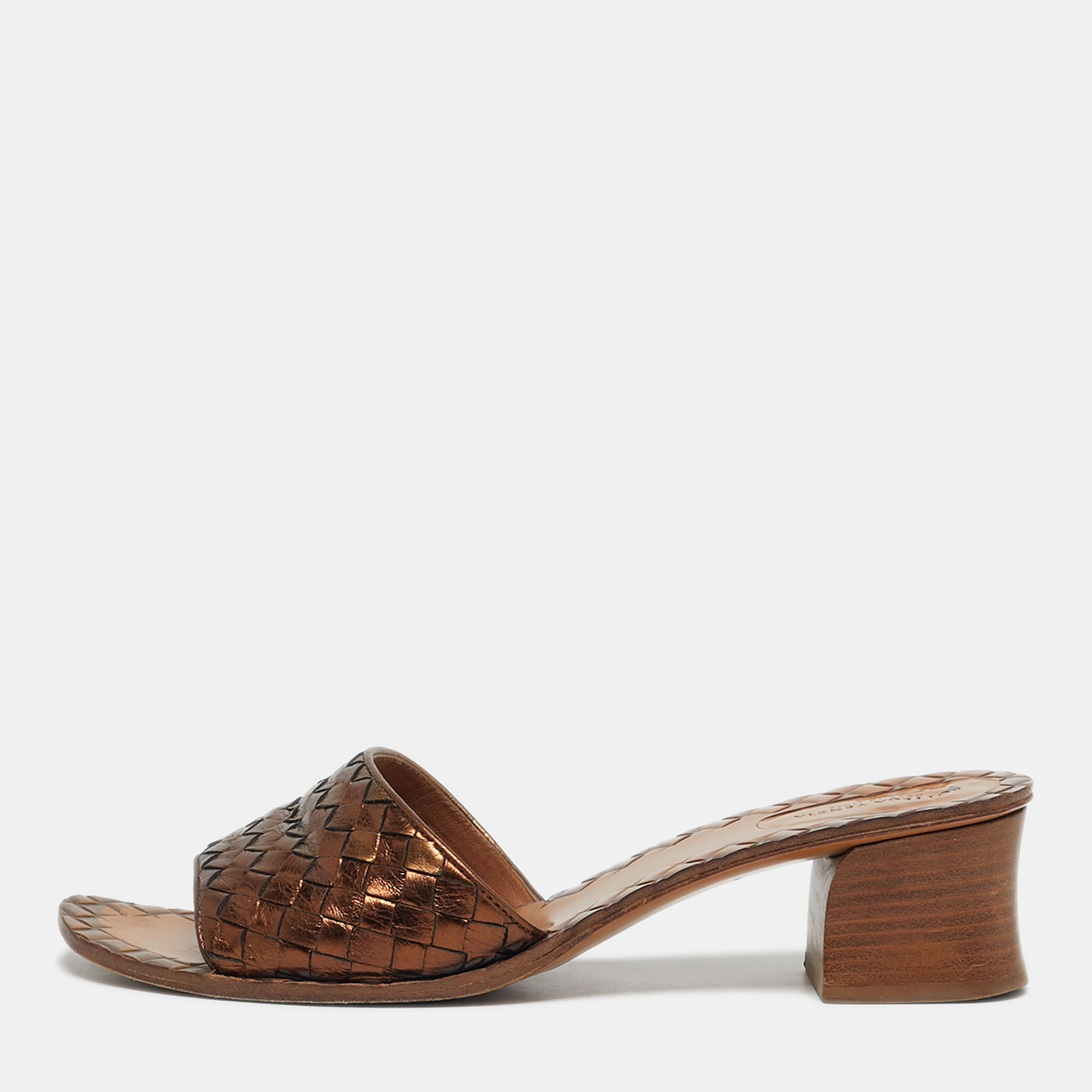 Pre-owned Bottega Veneta Bronze Intrecciato Leather Ravello Slide Sandals Size 41 In Brown