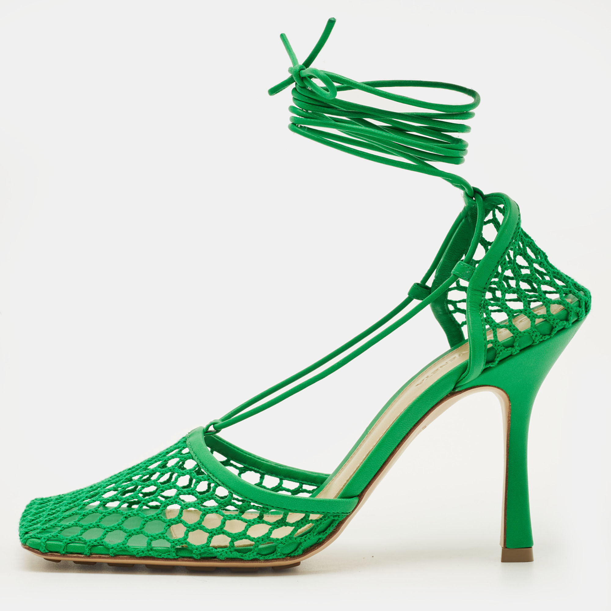 Pre-owned Bottega Veneta Stretch Size 40 Green Crochet And Leather Ankle Tie Pumps