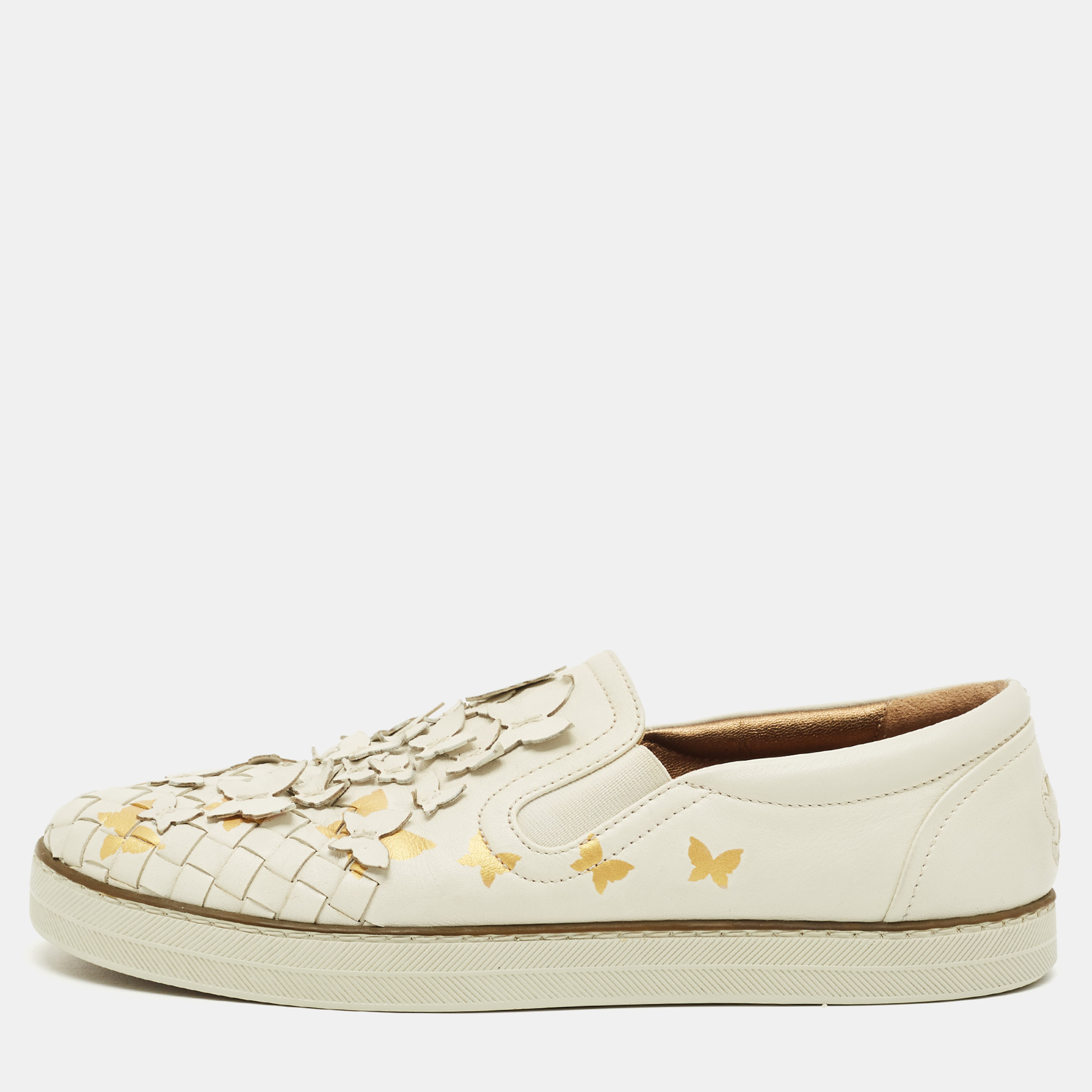 Pre-owned Bottega Veneta Size 37 White Intrecciato Leather Butterfly Embellished Slip On Sneakers