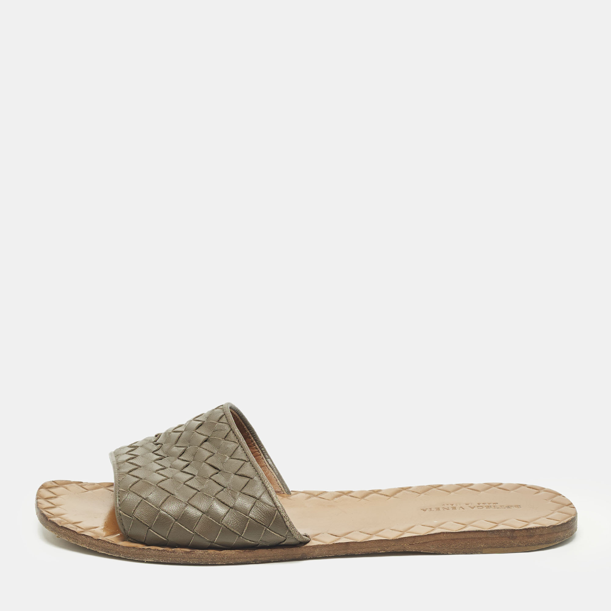 Pre-owned Bottega Veneta Size 37.5 Dark Brown Intrecciato Leather Flat Slide