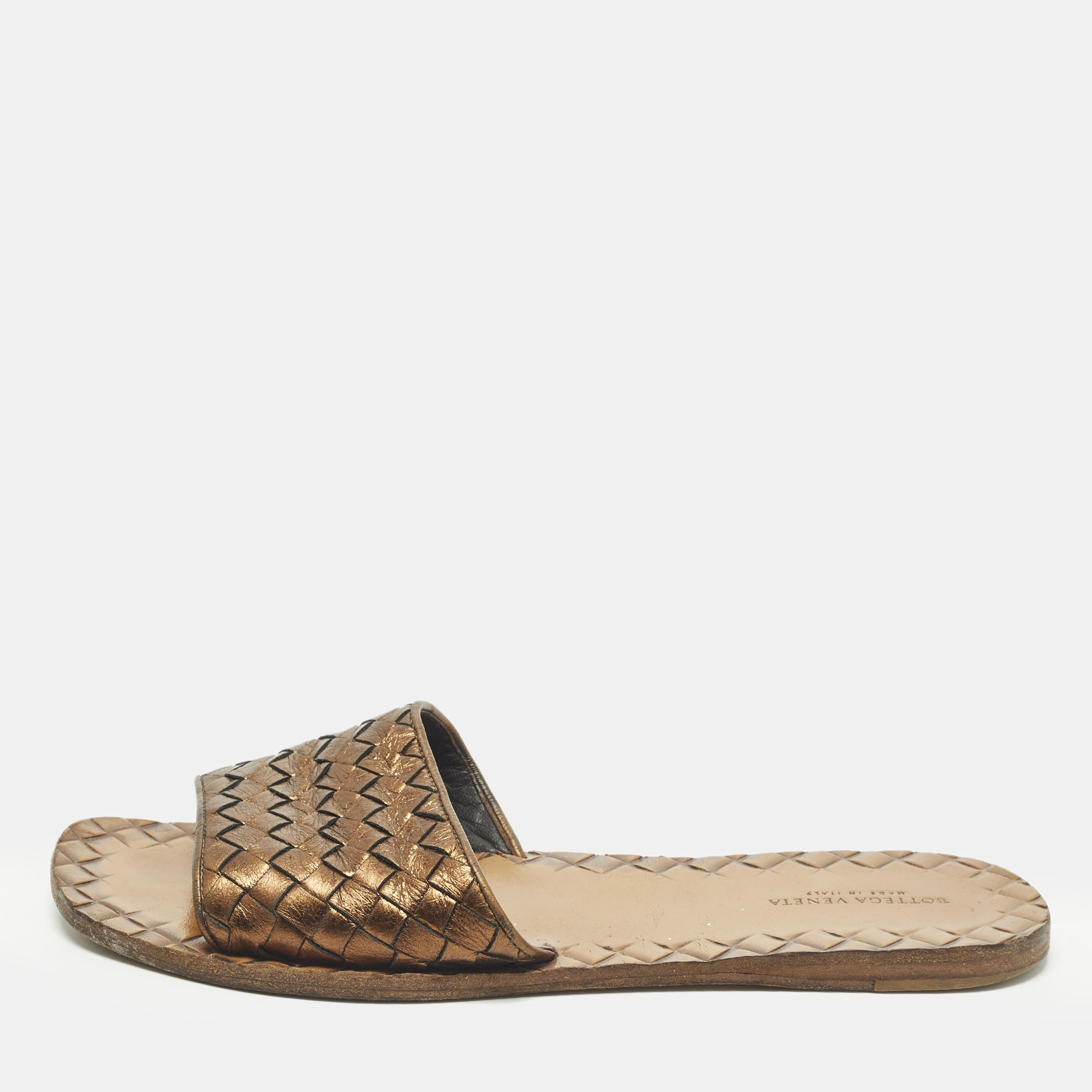 

Bottega Veneta Size  Metallic Intrecciato Leather Flat Slide