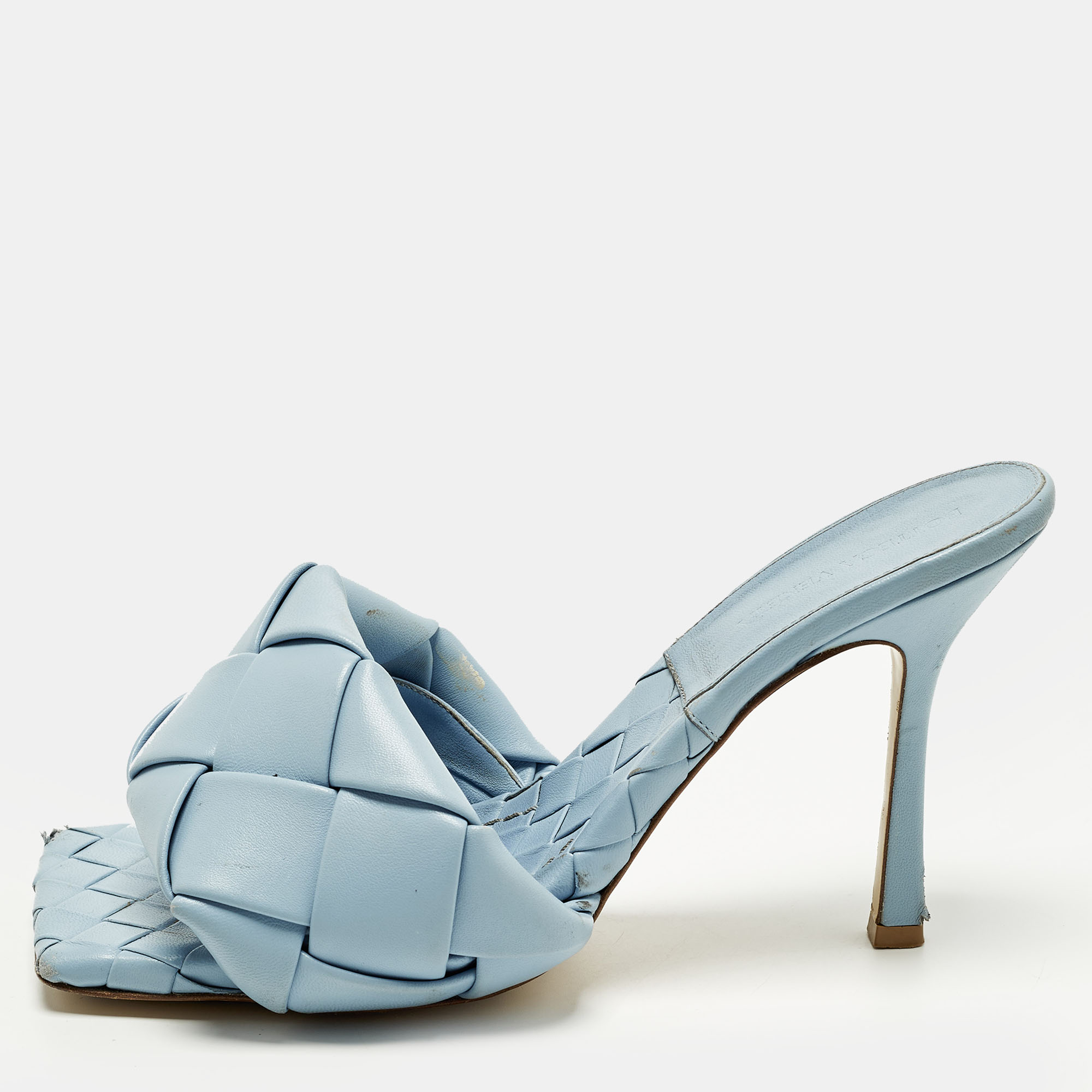 

Bottega Veneta Lido Size  Blue Intrecciato Leather Slide Sandals