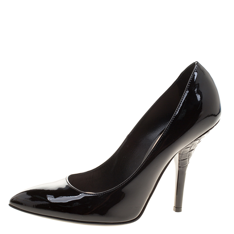 

Bottega Veneta Black Patent Leather Intrecciato Heel Pointed Toe Pumps Size