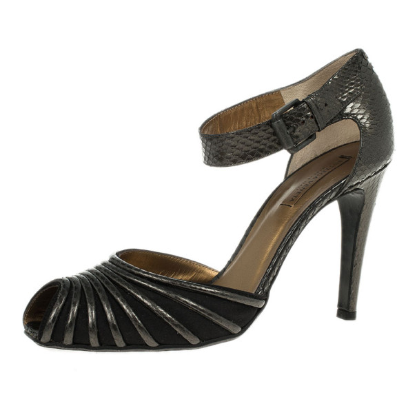 Pre Owned Bottega Veneta Metallic Python Embossed Mary Jane Pumps Size 40.5