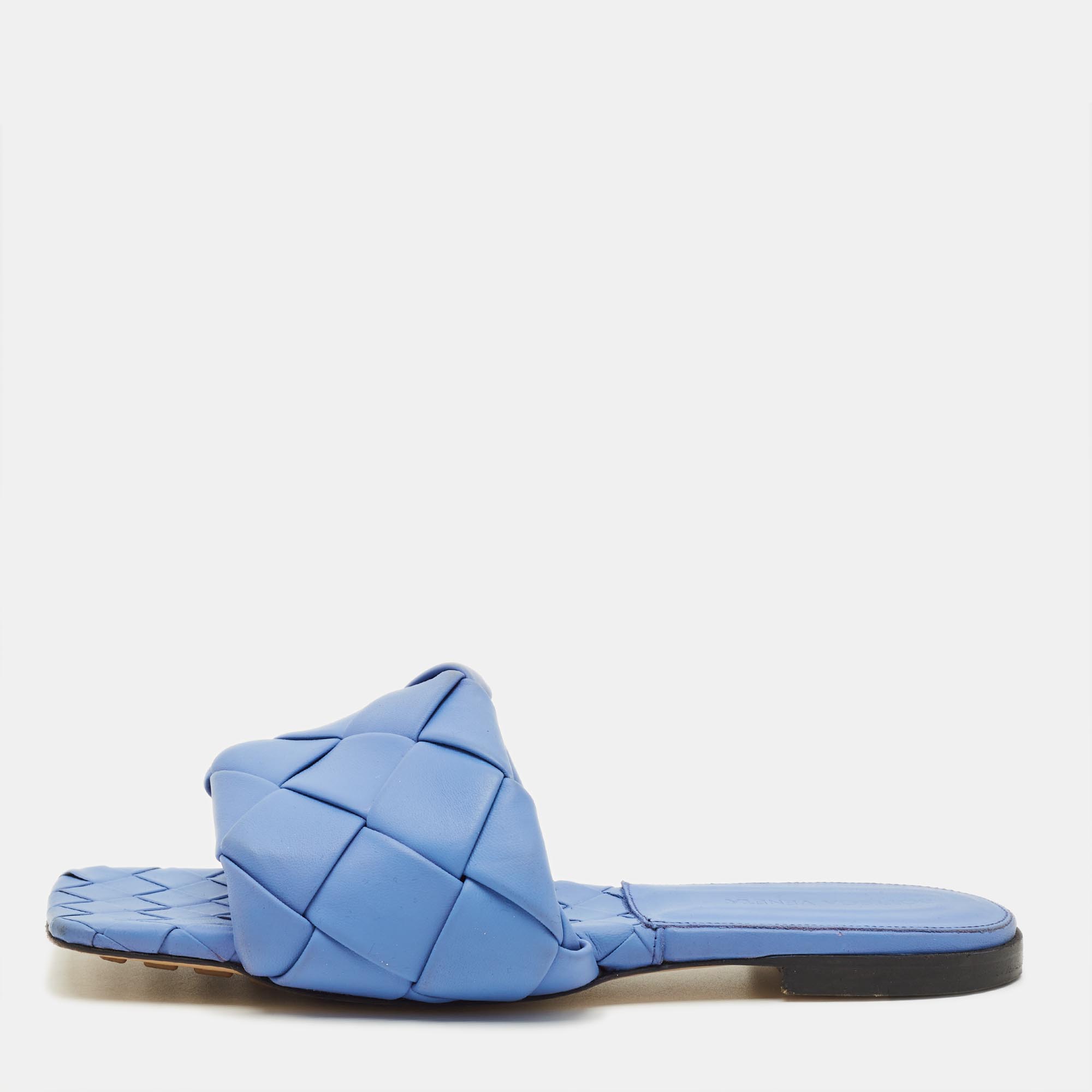 

Bottega Veneta Lido Size  Blue Intrecciato Leather Flat Slide
