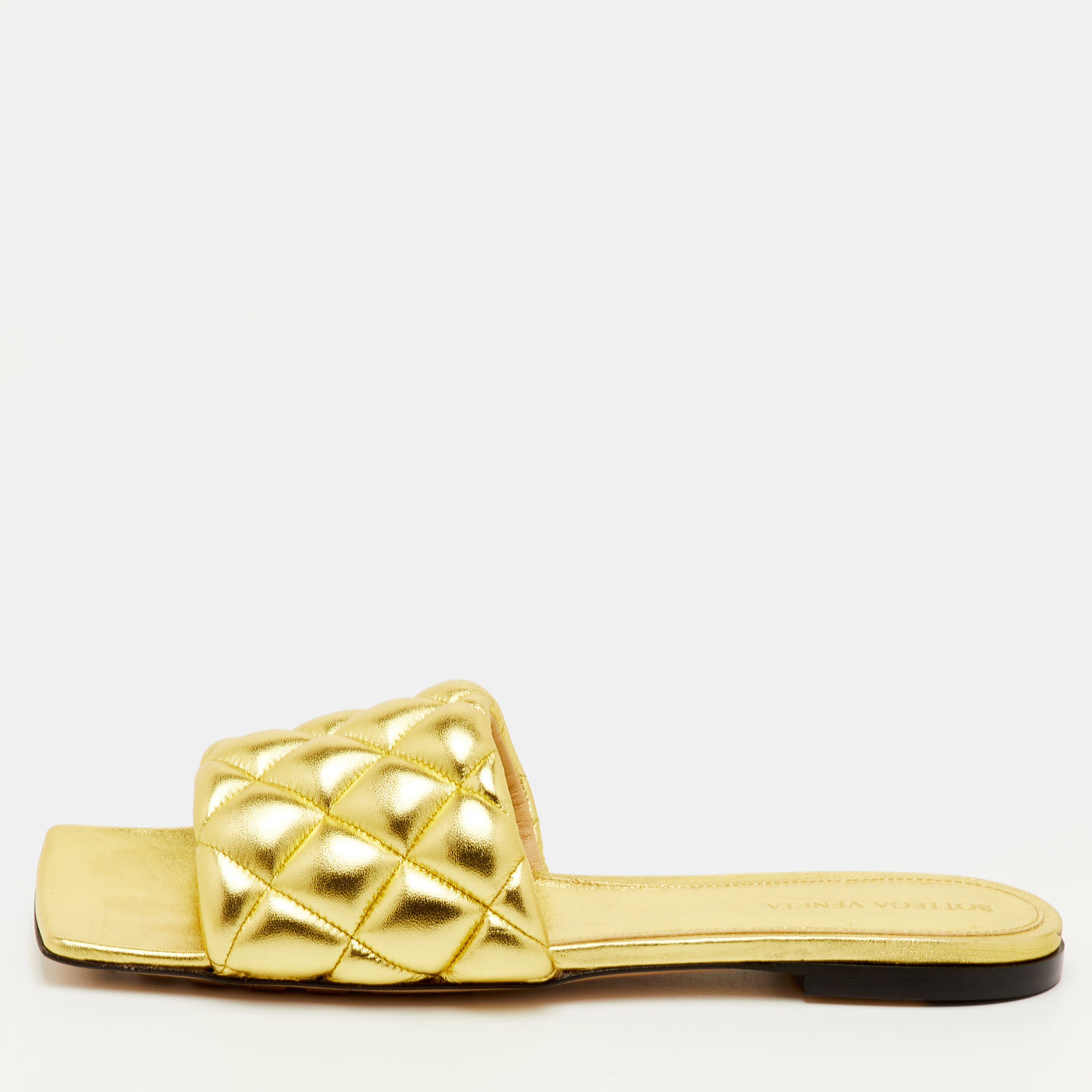 

Bottega Veneta Lido Size  Gold Quilted Metallic Leather Flat Slide Sandals