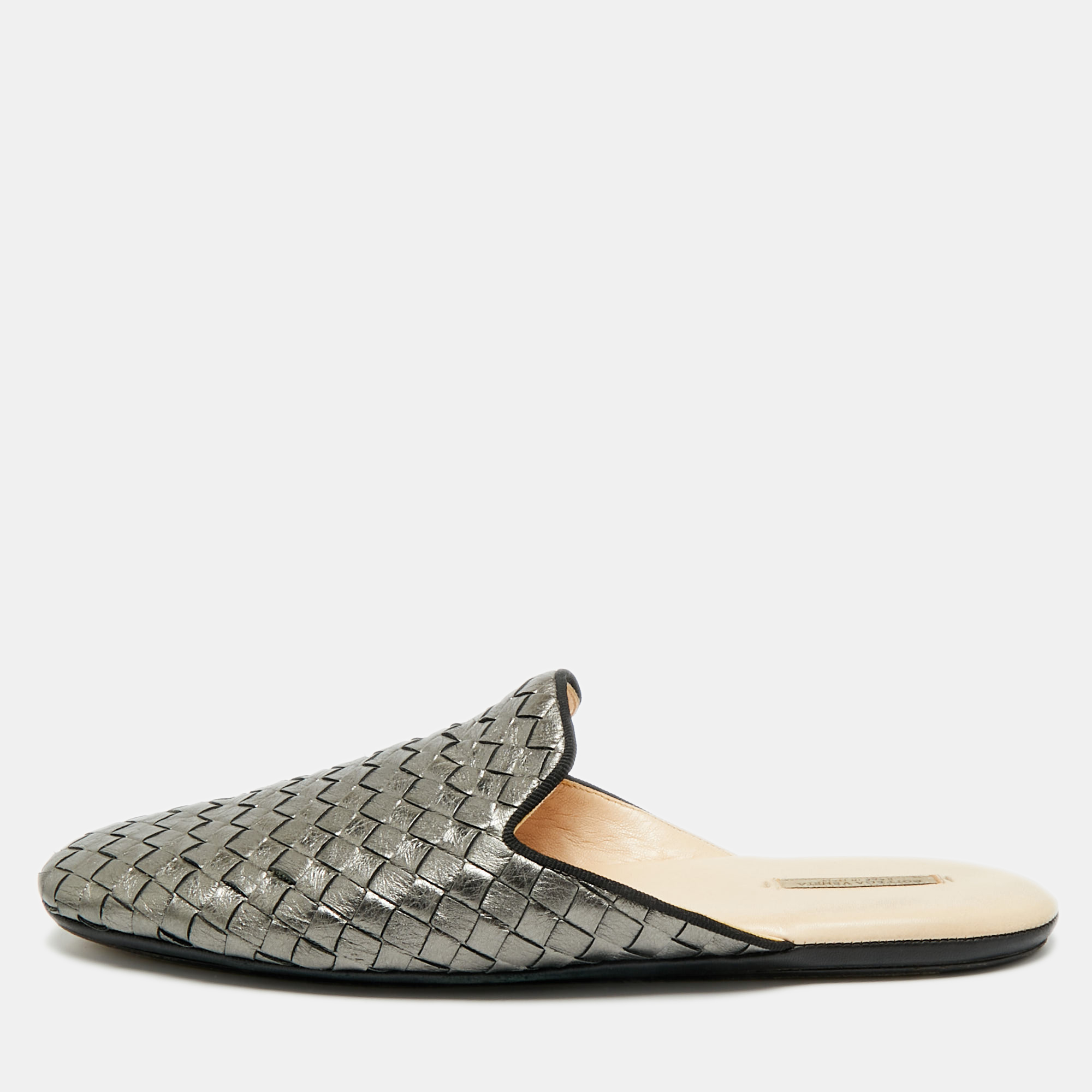 

Bottega Veneta Size  Metallic Intrecciato Leather Flat Mules