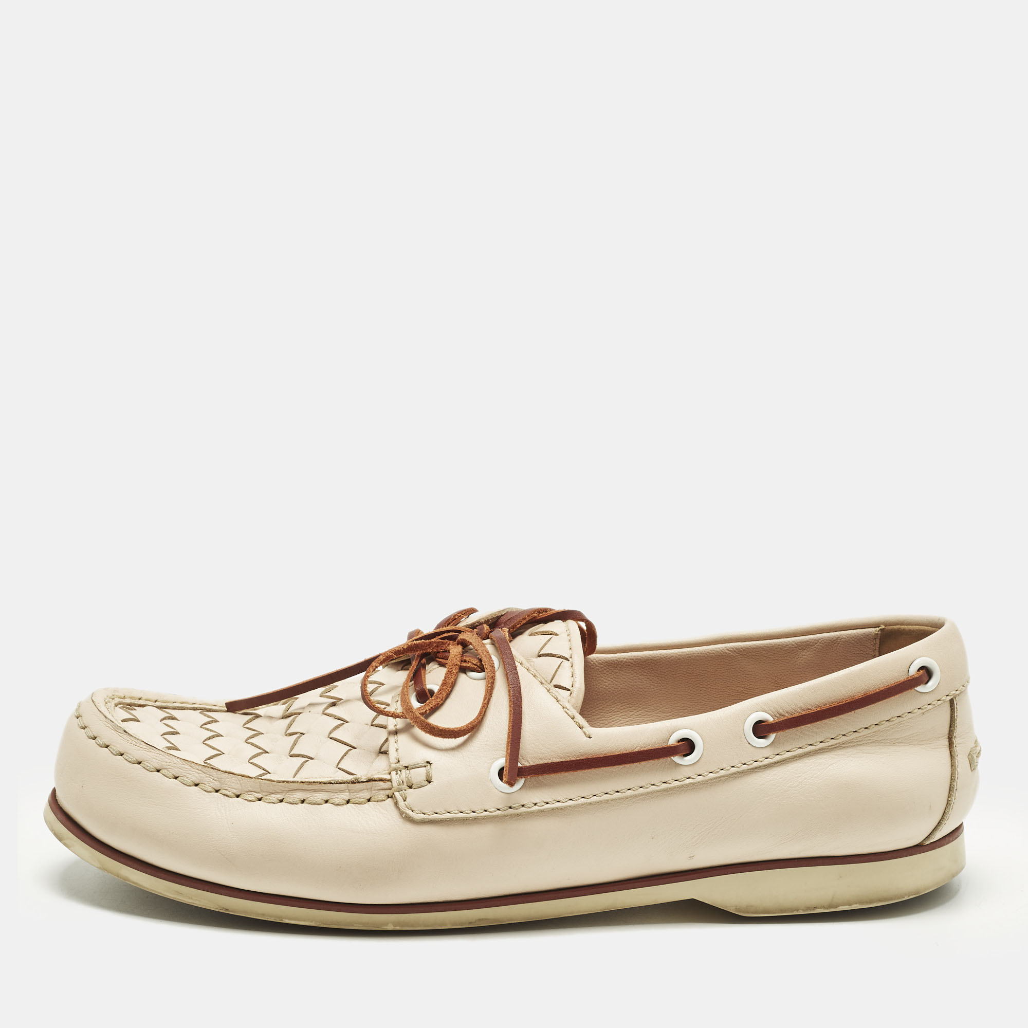 

Bottega Veneta Size  Cream Intrecciato Leather Boat Loafers