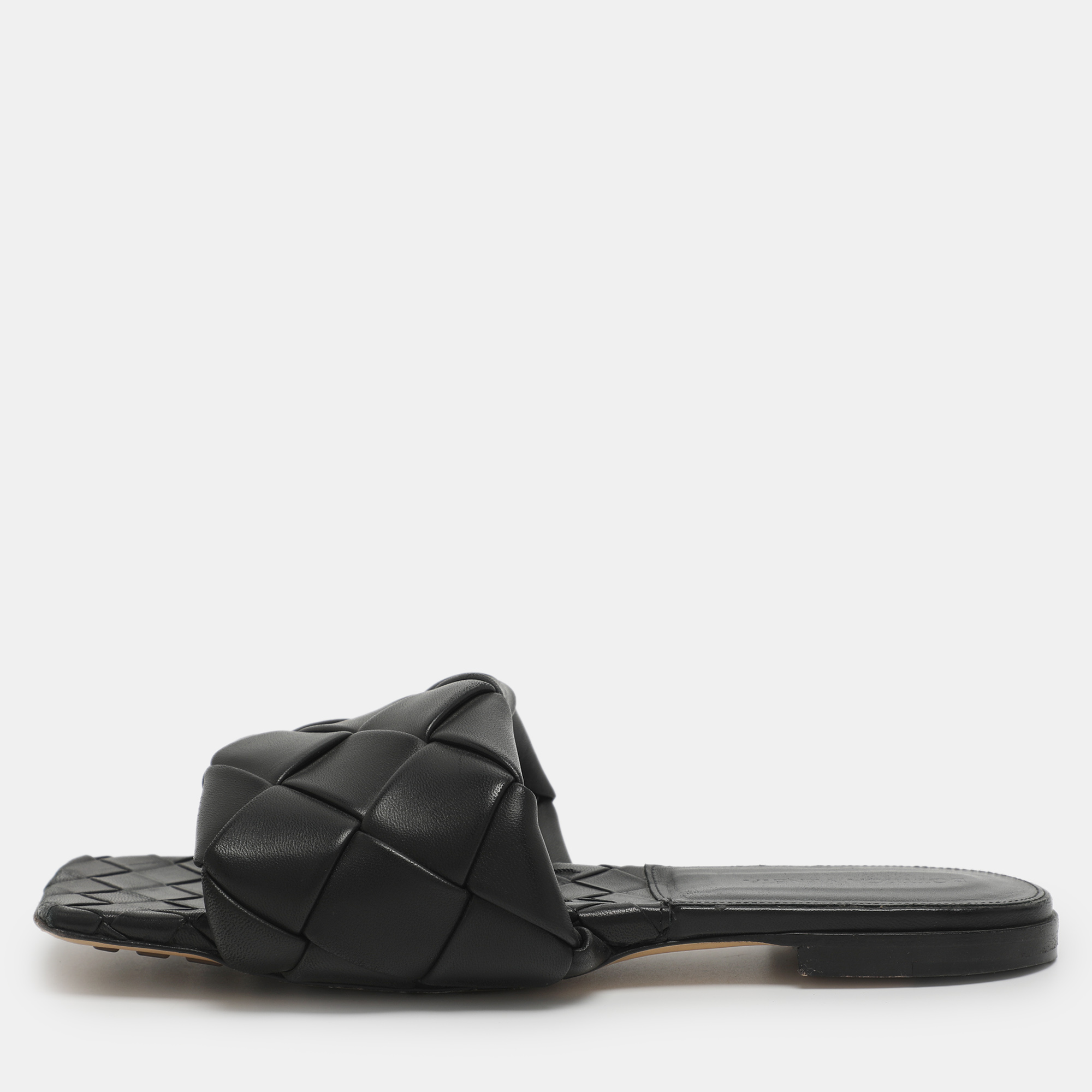 

Bottega Veneta Lido Size  Black Intrecciato Leather Flat Slides