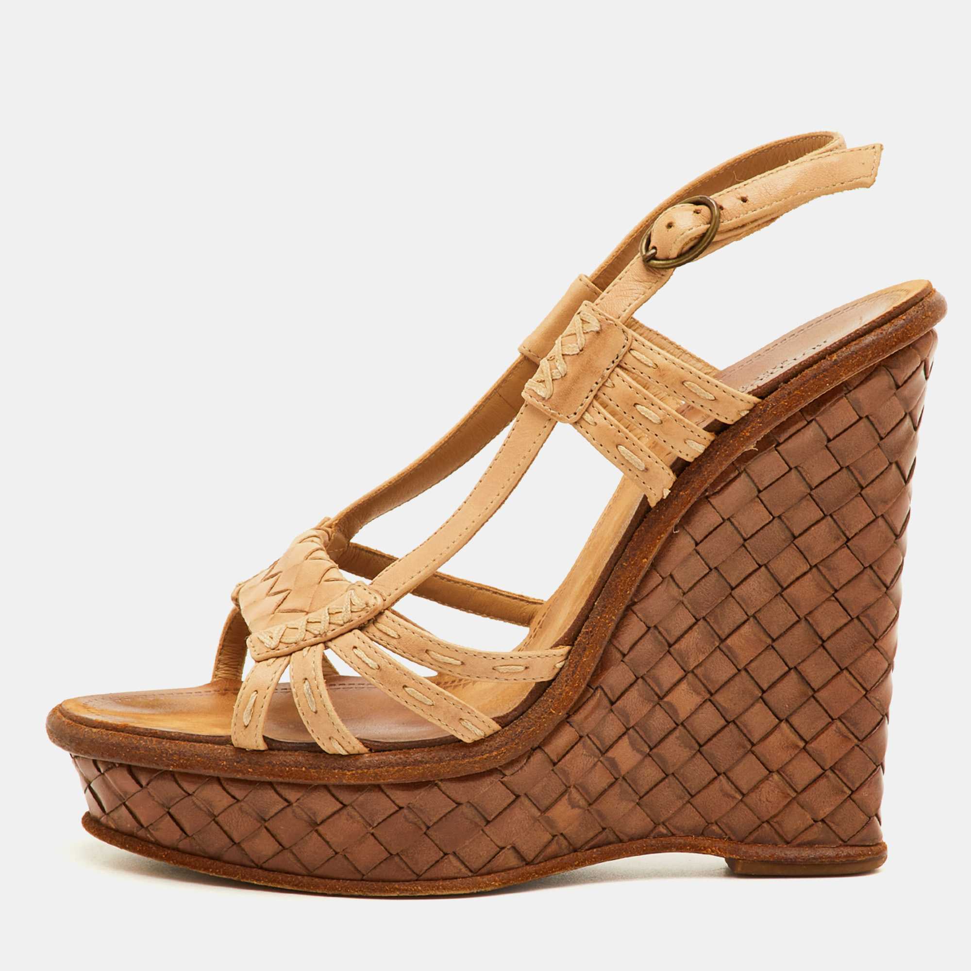 

Bottega Veneta Size  Beige Leather Slingback Platform Wedge Sandals