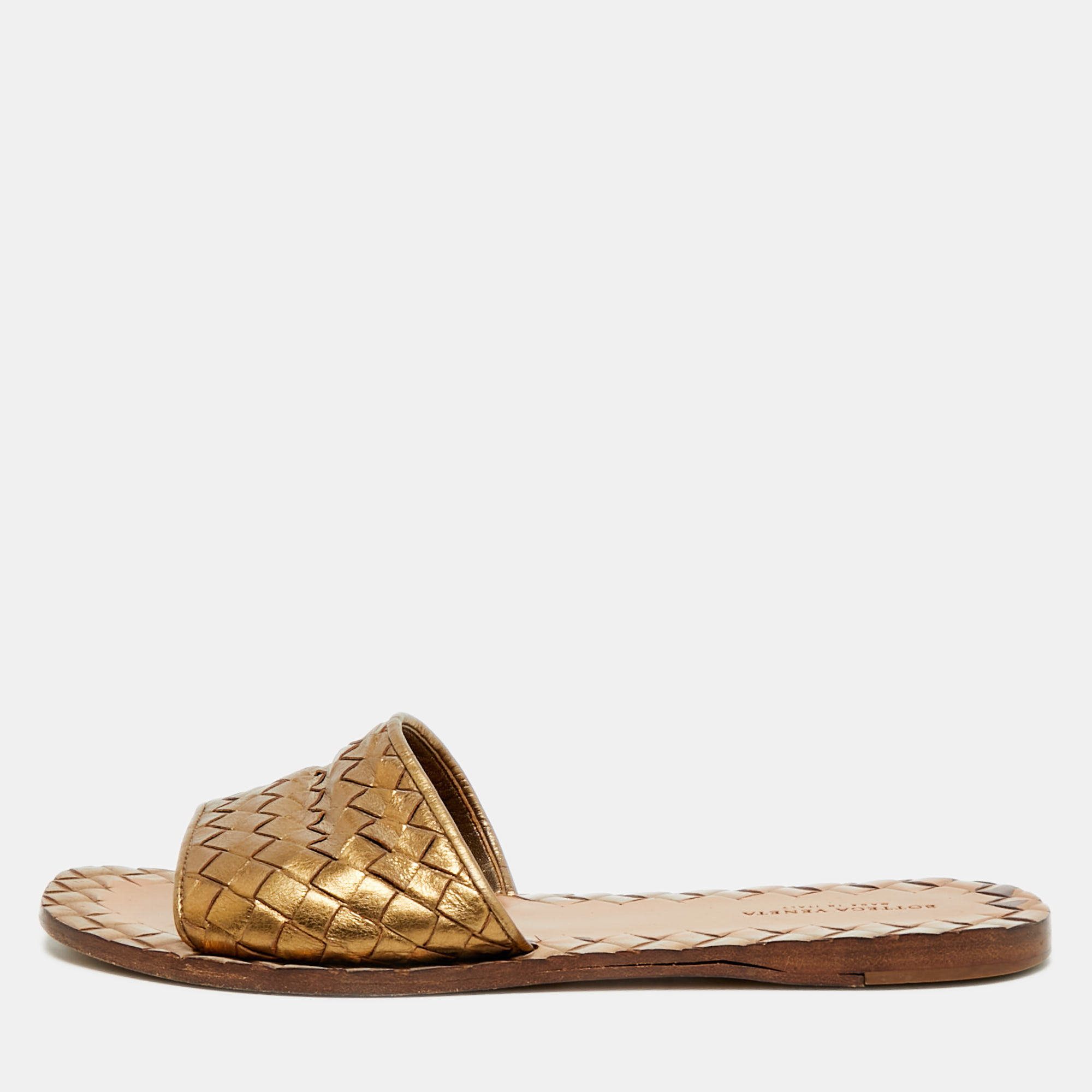 

Bottega Veneta Intrecciato Size  Metallic Bronze Leather Flat Slide
