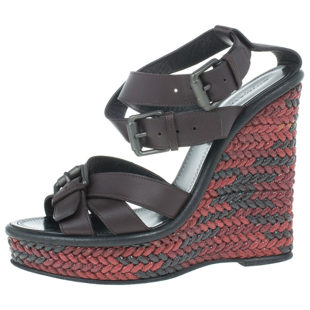 Pre Owned Bottega Veneta Maroon Leather Woven Wedge Sandals Size 37