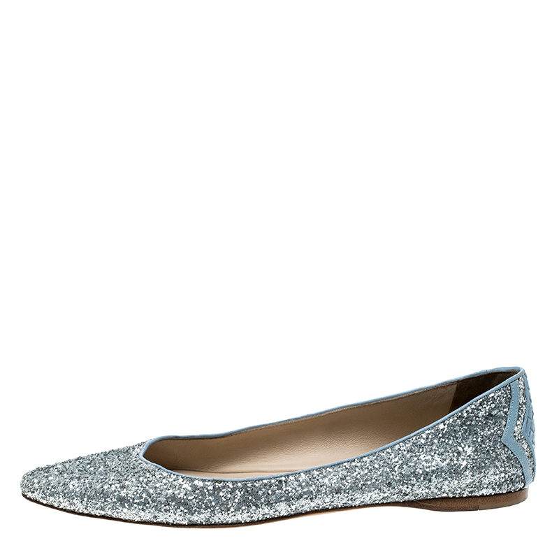 

Bottega Veneta Metallic Silver Glitter Intrecciato Leather Trim Pointed Toe Ballet Flats Size