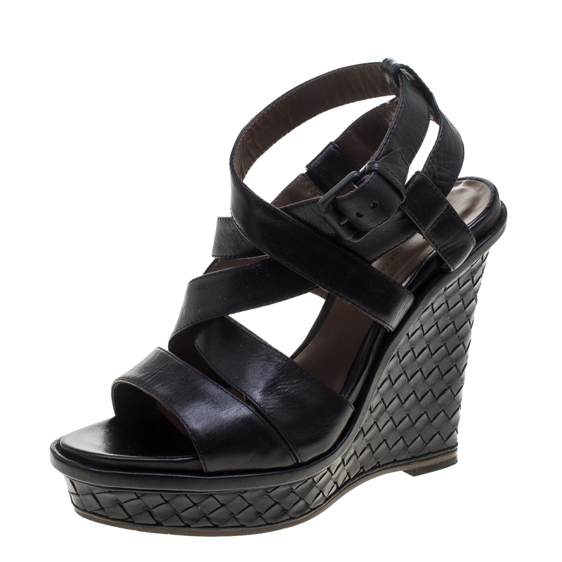 Bottega Veneta Black Leather Intrecciato Heel Wedge Sandals Size 40