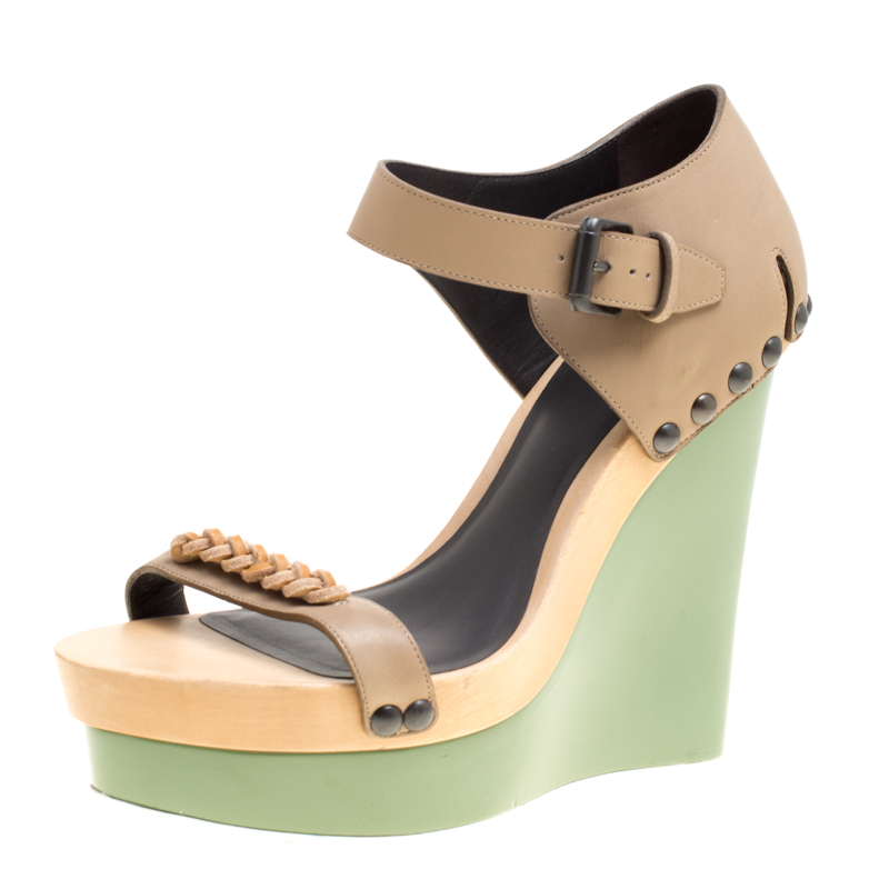 Pre Owned Bottega Veneta Tricolor Leather Ankle Cuff Peep Toe Wedge Sandals Size 40