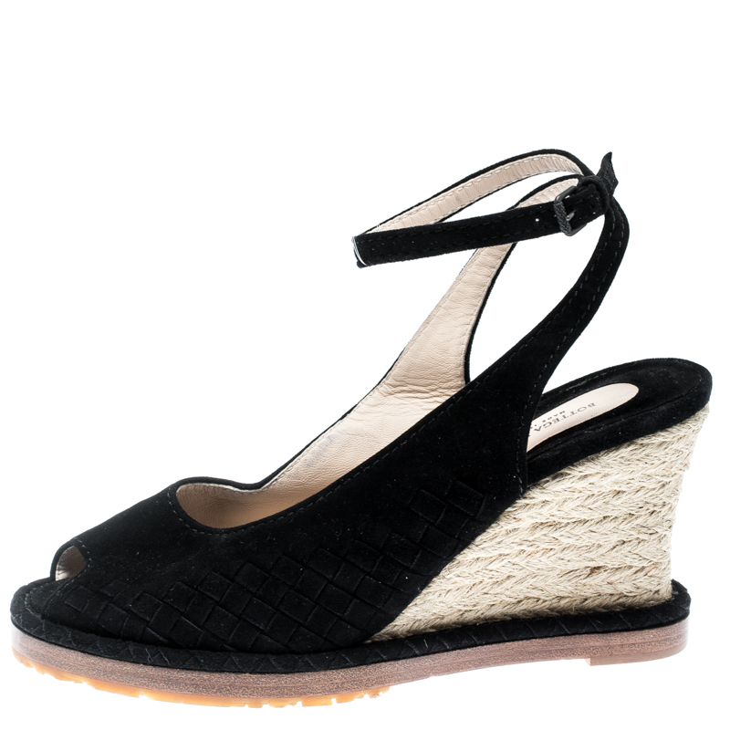 

Bottega Veneta Black Intrecciato Suede Espadrille Ankle Strap Wedge Sandals Size