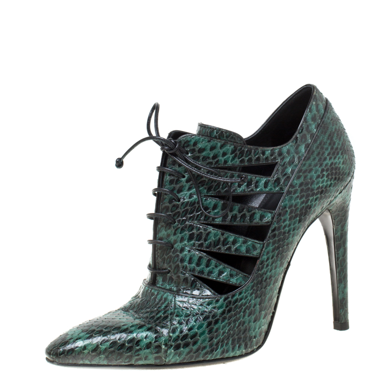 Bottega Veneta Green Python Leather Cutout Lace-Up Ankle Boots Size 38 ...