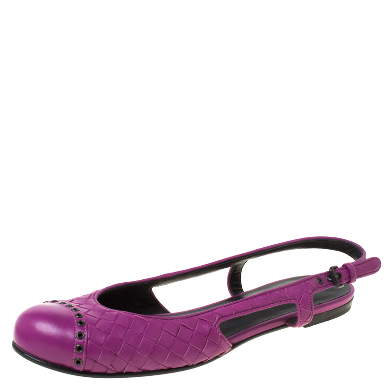 Bottega Veneta Purple Intrecciato Leather Eyelet Cap Toe Slingback Flats Size 38.5