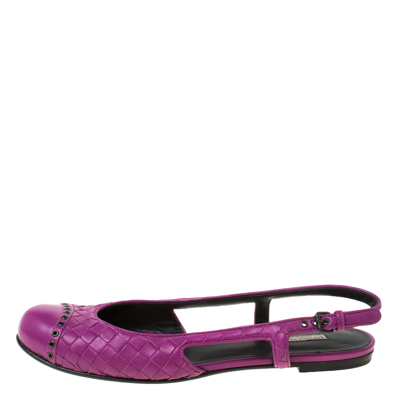 

Bottega Veneta Purple Intrecciato Leather Eyelet Cap Toe Slingback Flats Size .5
