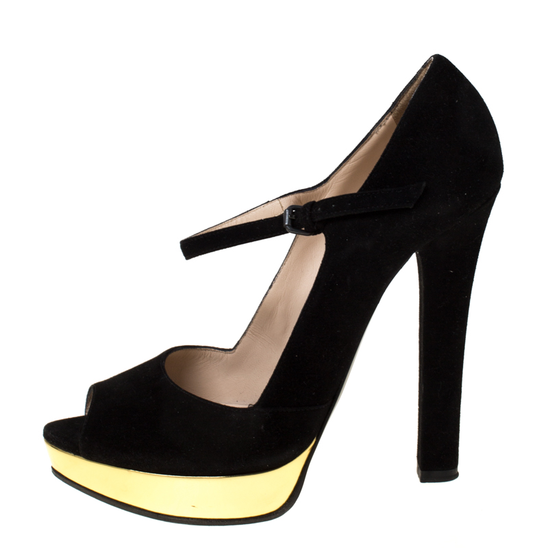 

Bottega Veneta Black/Gold Suede Strap Peep Toe Platform Pumps Size