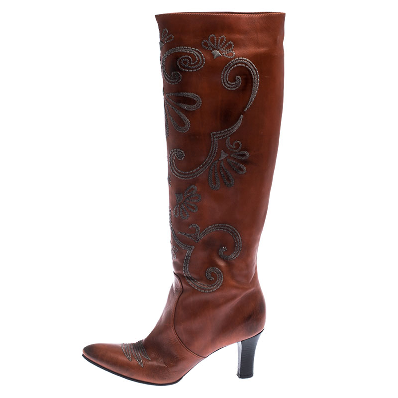 

Bottega Veneta Cognac Embroidered Leather Knee Length Boots Size, Orange