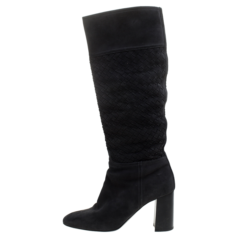 

Bottega Veneta Navy Blue Suede Intrecciato Block Heel Knee Boots Size