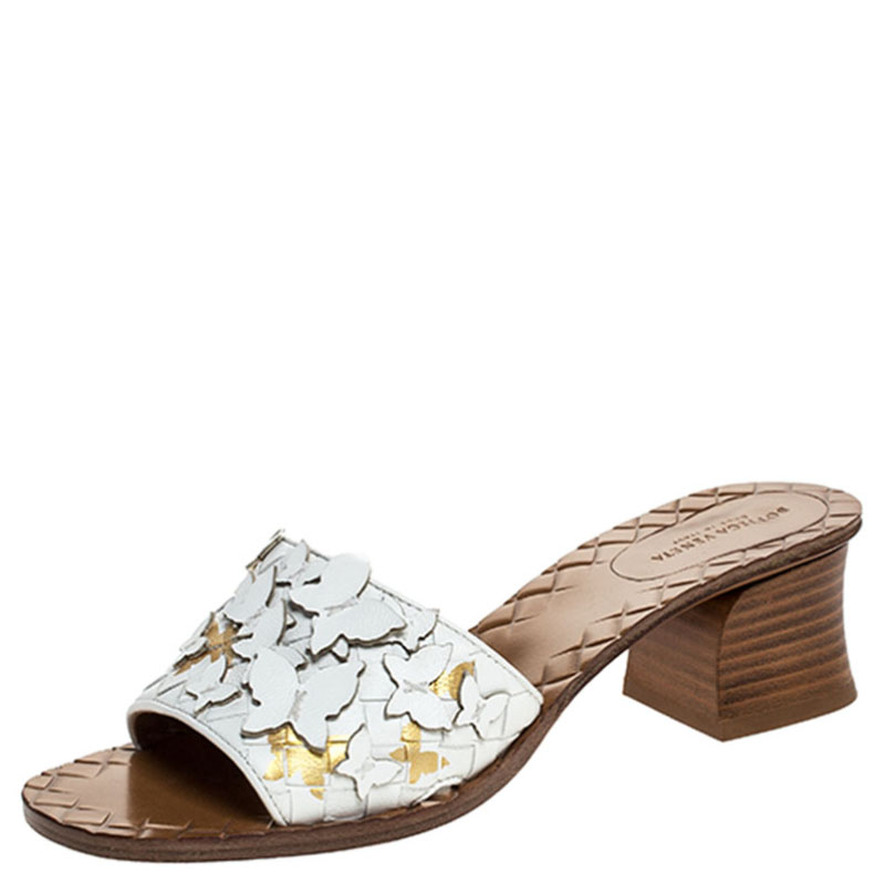 Pre Owned Bottega Veneta White Intrecciato Leather Butterfly Applique Ravello Flat Slides Size 36