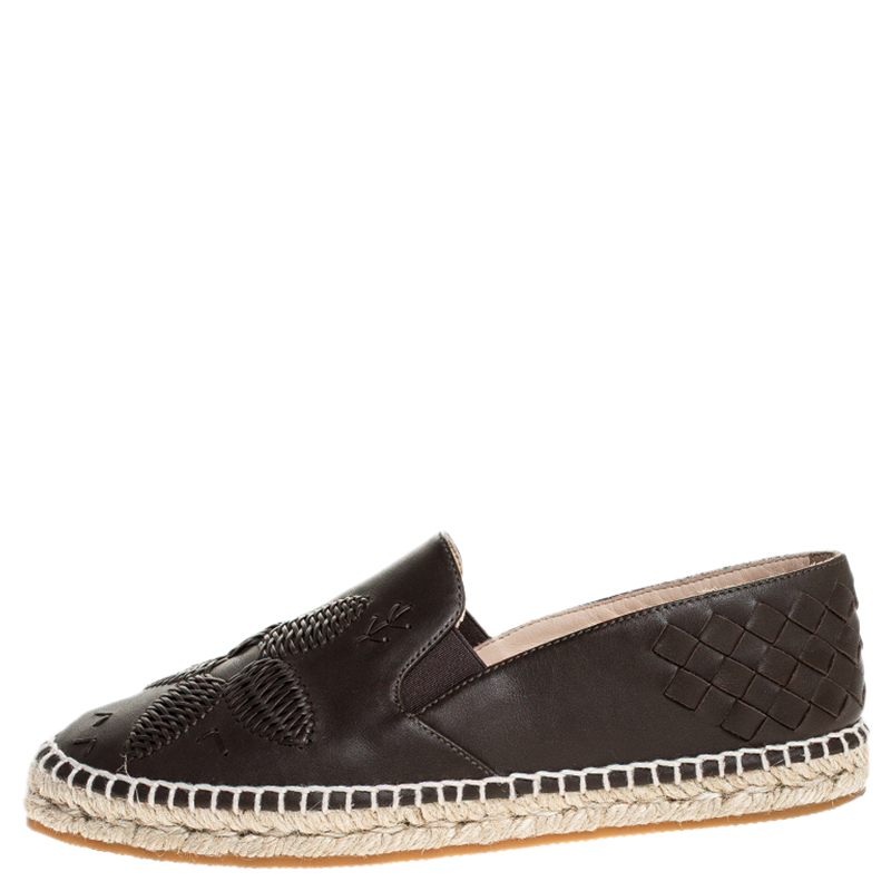 

Bottega Veneta Brown Intrecciato Leather Slip On Espadrille Flats Size