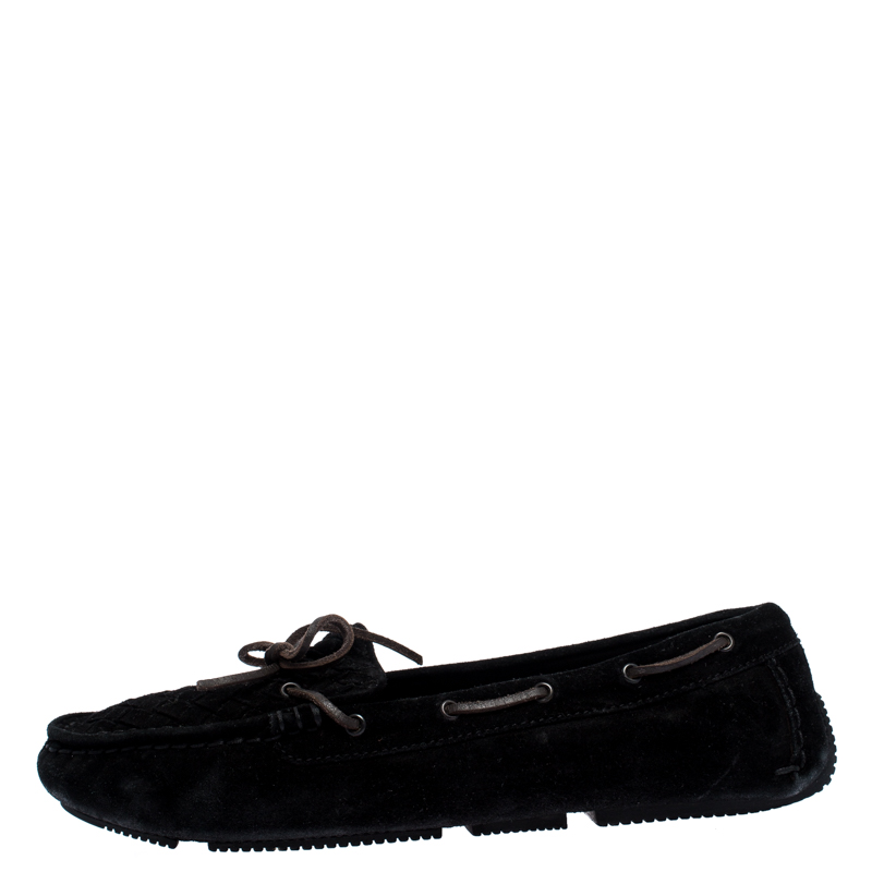 

Bottega Veneta Black Intrecciato Suede Leather Bow Slip On Loafers Size