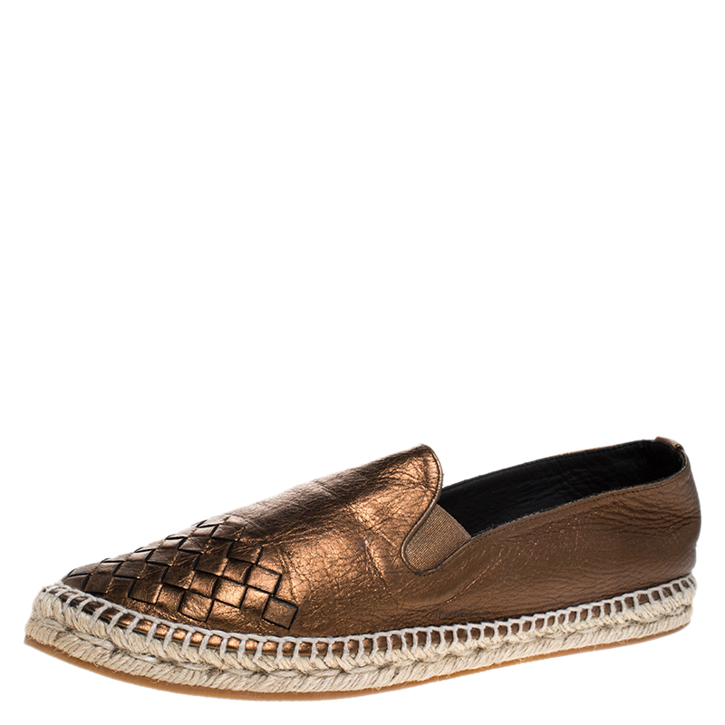 Pre Owned Bottega Veneta Bronze Intrecciato  Leather Espadrille Flats Size 41