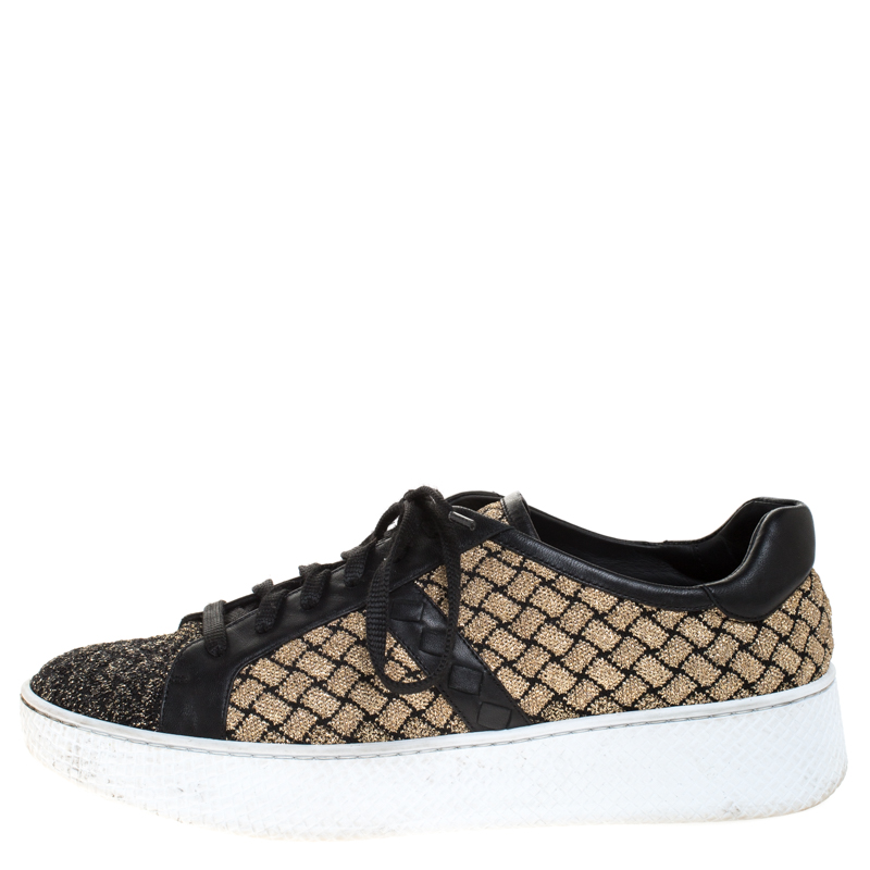 

Bottega Veneta Black/Gold Woven Fabric and Leather Lace Low Top Sneakers Size