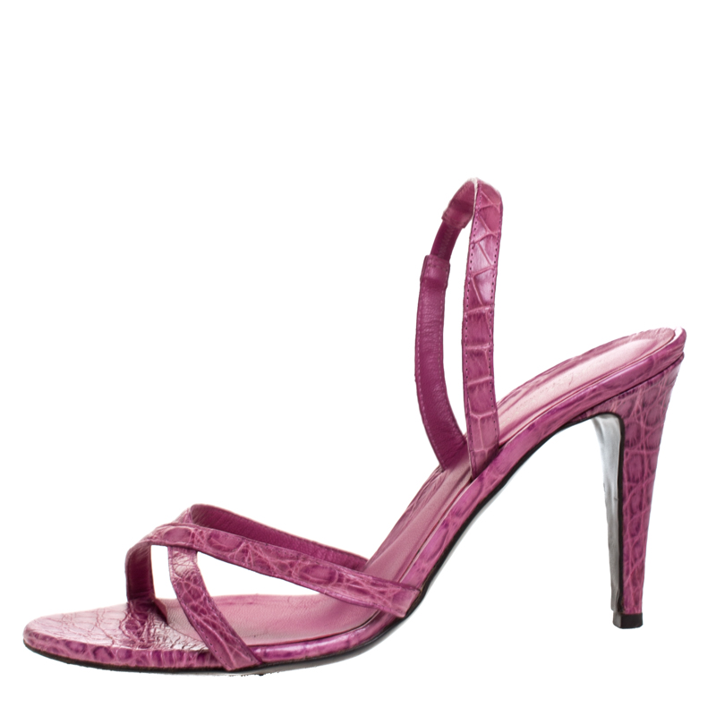 

Bottega Veneta Pink Croc Effect Leather Open Toe Slingback Sandals Size