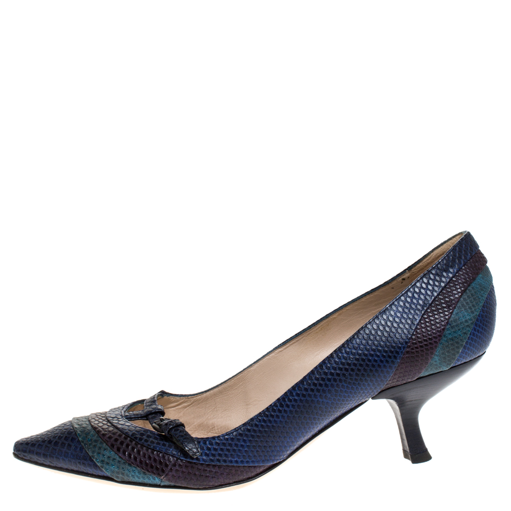 

Bottega Veneta Blue Lizard Kitten Heel Pumps Size