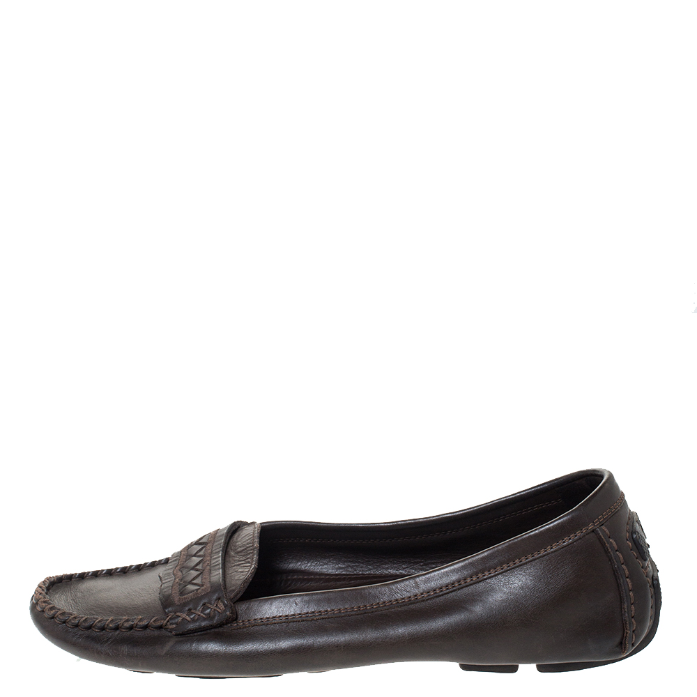 

Bottega Veneta Brown Leather Intrecciato Trim Slip On Loafers Size