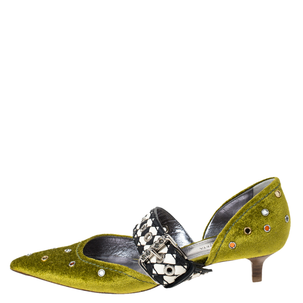 

Bottega Veneta Green Velvet And Intrecciato Leather Dahlia Chenille D'orsay Pumps Size