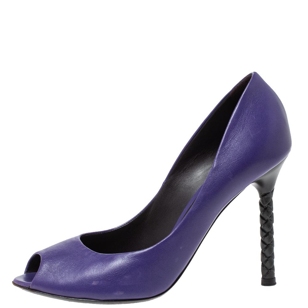 

Bottega Veneta Purple Leather Woven Heel Peep Toe Pumps Size
