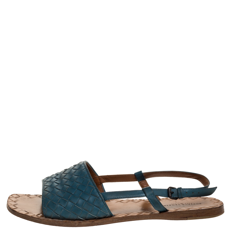 

Bottega Veneta Blue Intrecciato Leather Slingback Open Toe Sandals Size
