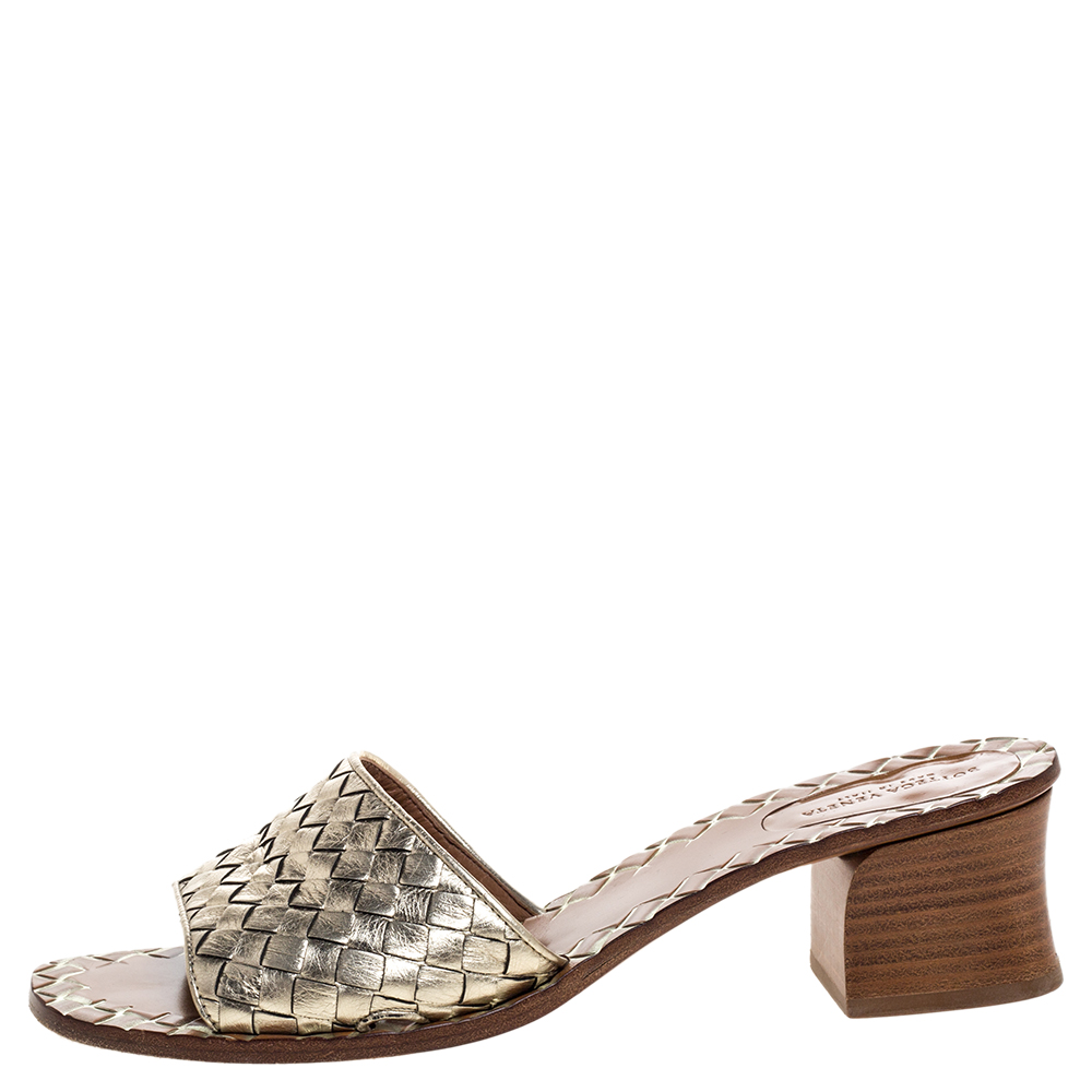 

Bottega Veneta Gold Leather Block Heel Slide Sandals Size