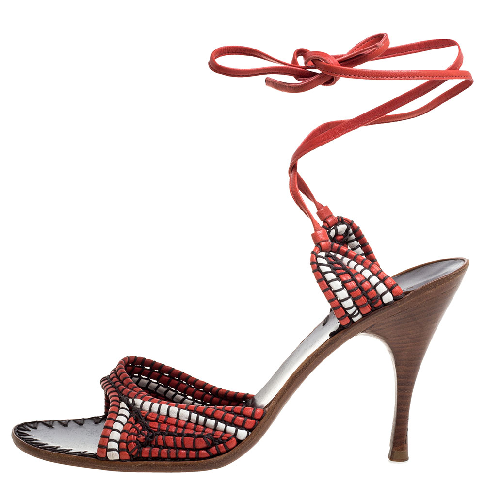

Bottega Veneta Red/White Leather Open Toe Tie Up Sandals Size