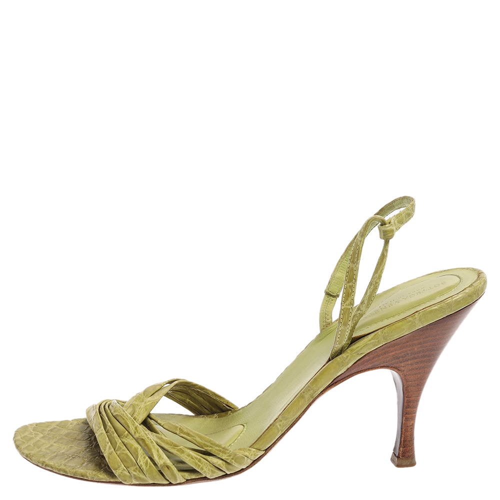 

Bottega Veneta Lime Green Croc Embossed Leather Strappy Open Toe Slingback Sandals Size