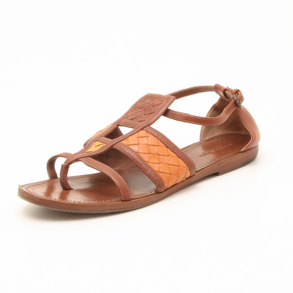 Pre Owned Bottega Veneta Brown Intrecciato Gladiator Sandals Size 38.5