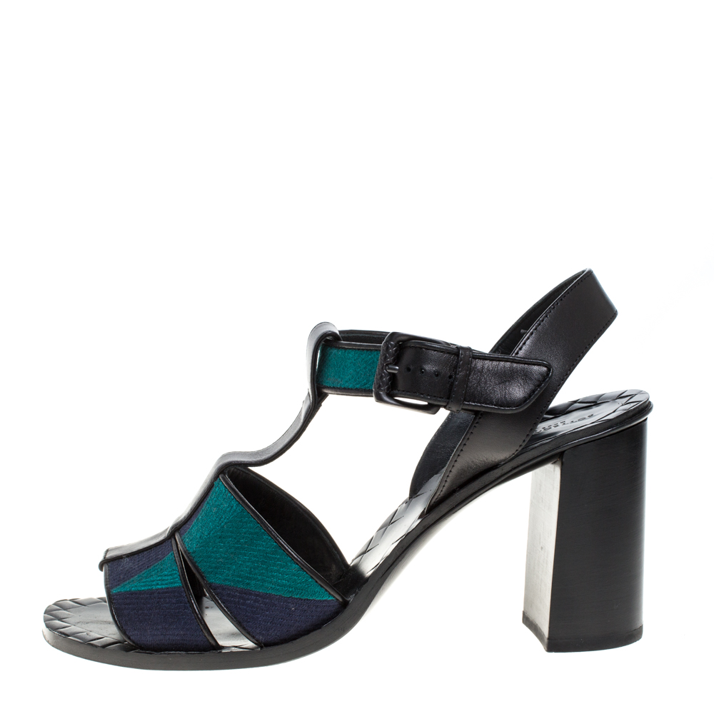 

Bottega Veneta Black/Blue Canvas And Leather T-Strap Sandals Size