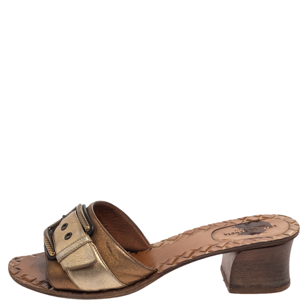 

Bottega Veneta Metallic Block Heel Slide Sandals Size