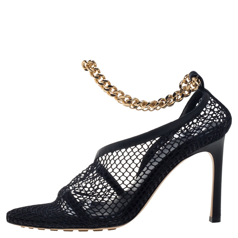 

Bottega Veneta Black Mesh And Leather Trims Chain Embellished Ankle Cuff Pumps Size