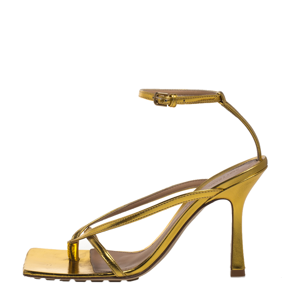 

Bottega Veneta Metallic Gold Leather Ankle Strap Sandals Size